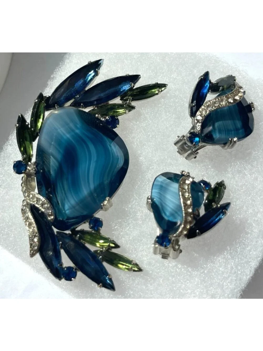 Vtg Blue Glass Givre & Navette Open Back Stones Rhinestone Brooch & Clip-On Earr